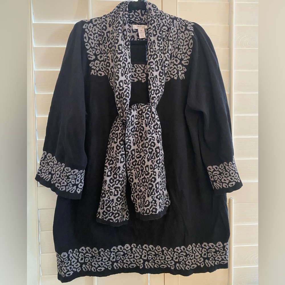 Style & Co Women’s Sweater 3/4 Sleeve Square Neck Removable Scarf Black Size 3X